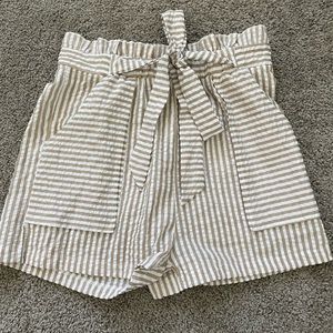 Tan and white striped Shein paper bag shorts